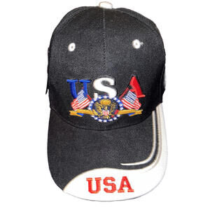 Mens USA Baseball Hat Cap Black White Eagle Emblem Flag Seal Veterans Patriotic